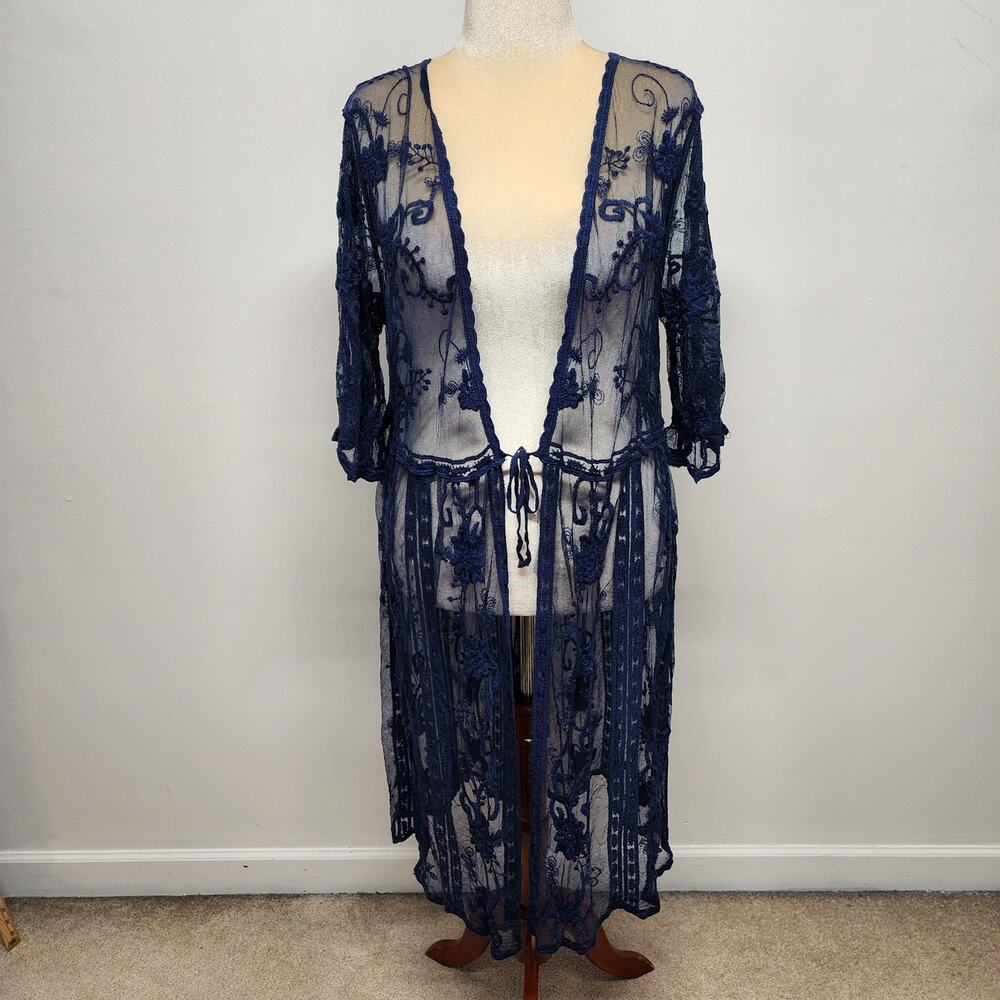Boho Floral Lace Kimono Duster Cardigan Coverup 1X Blue Cotton Blend Cottagecore